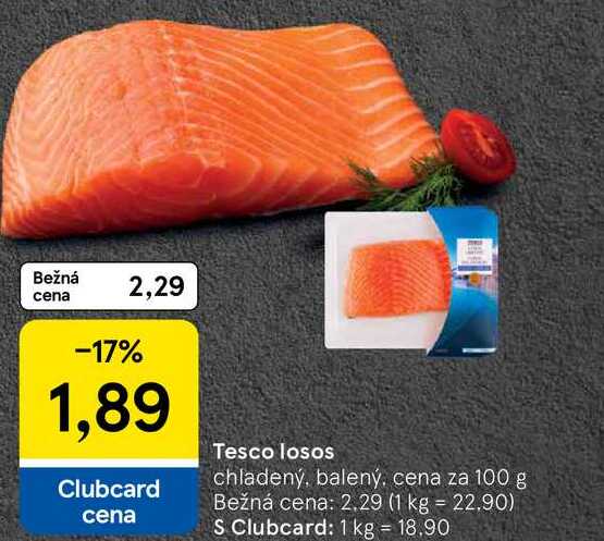 Tesco losos chladený, balený, cena za 100 g 