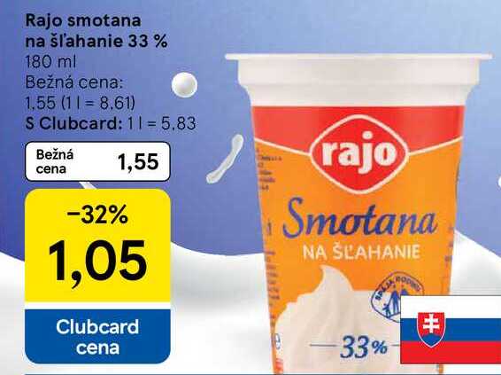 Rajo smotana na šľahanie 33 % 180 ml 