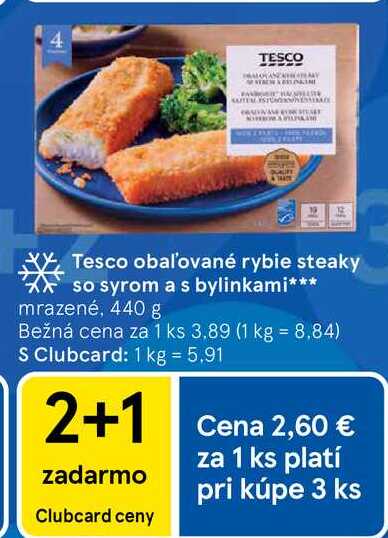 Tesco obaľované rybie steaky so syrom a s bylinkami mrazené, 440 g