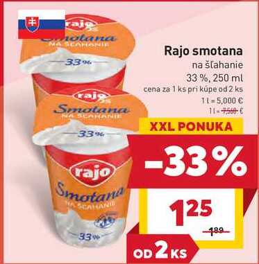 Rajo smotana na šľahanie 33 %, 250 ml 