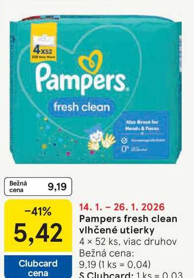 Pampers fresh clean vlhčené utierky 4 x 52 ks, viac druhov 