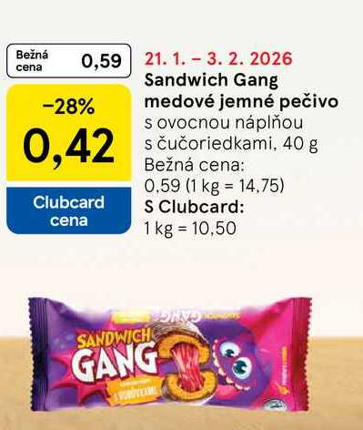 Sandwich Gang medové jemné pečivo s ovocnou náplňou s čučoriedkami, 40 g