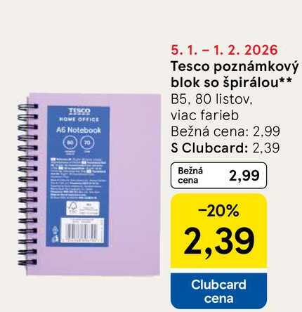 Tesco poznámkový blok so špirálou B5, 80 listov