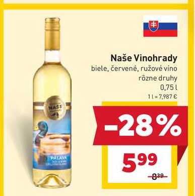 Naše Vinohrady biele, červené, ružové vino rôzne druhy 0,75 l