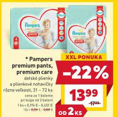 Pampers premium pants, premium care detské plienky a plienkové nohavičky rôzne veľkosti, 31 - 72 ks 