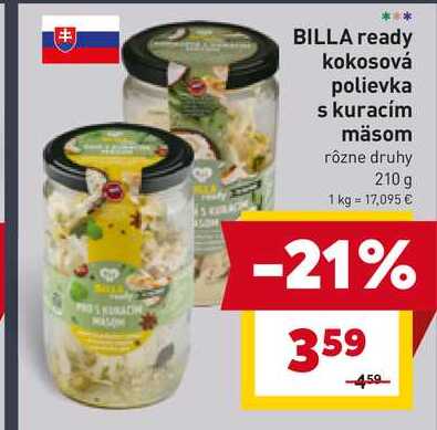 BILLA ready kokosová polievka s kuracím mäsom rôzne druhy 210 g 