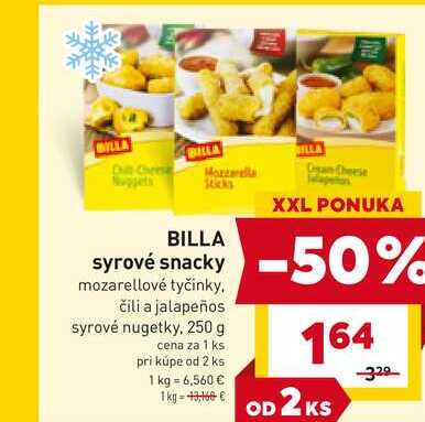 BILLA syrové snacky 50% mozarellové tyčinky, čili a jalapeños syrové nugetky, 250 g 