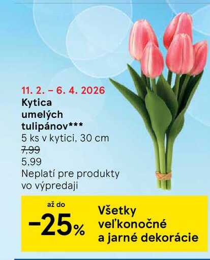 Kytica umelých tulipánov 5 ks v kytici, 30 cm 