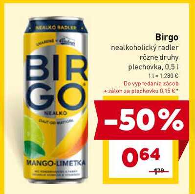 Birgo nealkoholický radler rôzne druhy plechovka, 0,5l