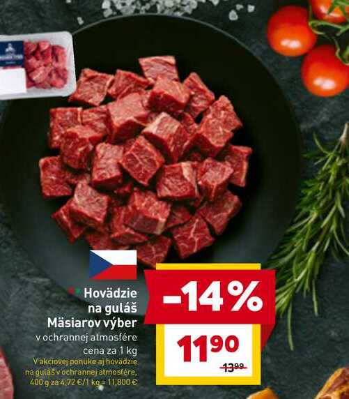 Hovädzie na guláš Mäsiarov výber v ochrannej atmosfére cena za 1 kg