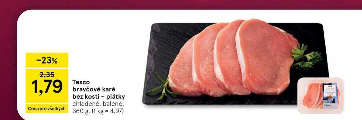 Tesco bravčové karé plátky bez kosti chladené, balené, 360 g
