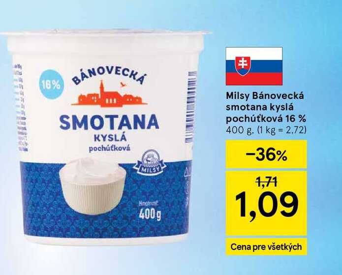 Milsy Bánovecká smotana kyslá pochúťková 16 % 400 g v akcii
