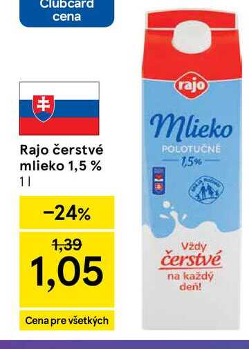 Rajo čerstvé mlieko 1,5 % 1l v akcii