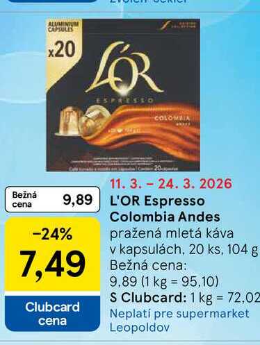 L'OR Espresso Colombia Andes pražená mletá káva v kapsulách, 20 ks, 104 g v akcii