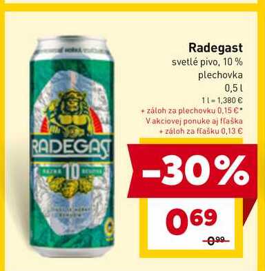 Radegast svetlé pivo, 10% plechovka 0,5l v akcii