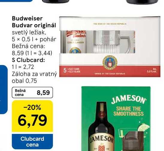 Budweiser Budvar originál svetlý ležiak, 5 x 0.5l+ pohár 