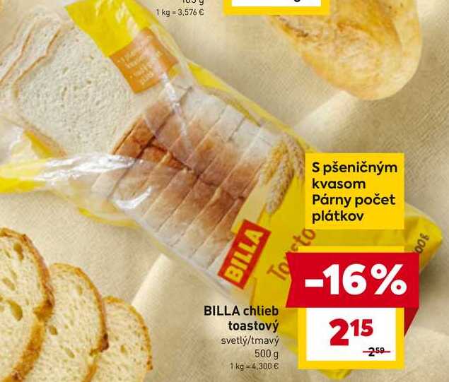 BILLA chlieb toastový svetlý/tmavý 500 g v akcii