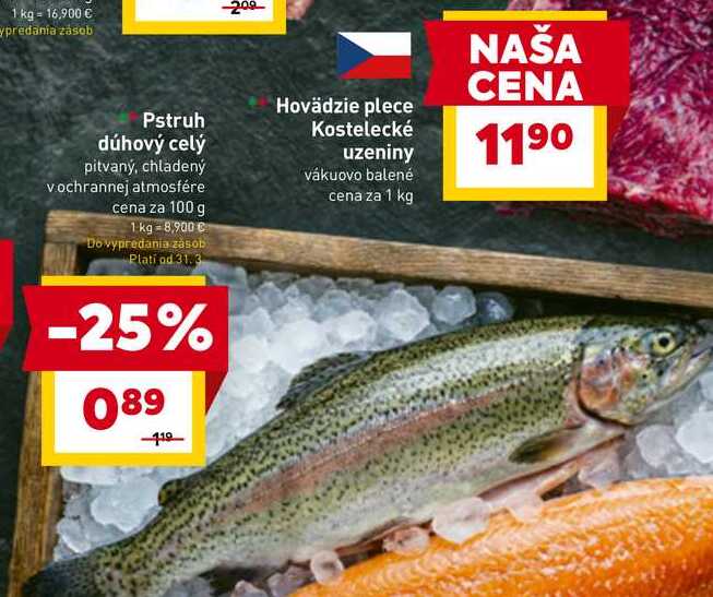 Pstruh dúhový celý pitvaný, chladený vochrannej atmosfére cena za 100 g