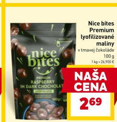 Nice bites Premium lyofilizované maliny v tmavej čokoláde 100g