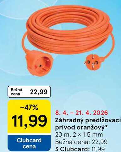 Záhradný predlžovací prívod oranžový 20 m, 2 x 1,5 mm 