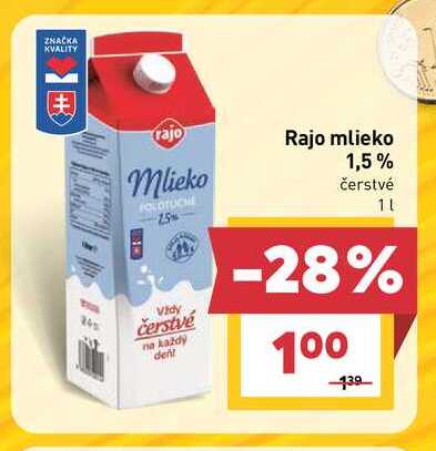 Rajo mlieko 1,5% čerstvé 1L