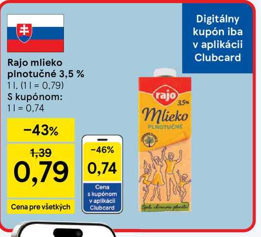 Rajo mlieko plnotučné 3,5 % 1l v akcii