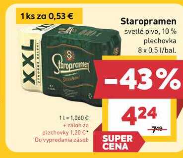 Staropramen svetlé pivo, 10% plechovka 8 x 0,5 l/bal. v akcii