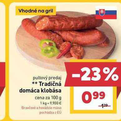 Tradičná domáca klobása cena za 100 g 