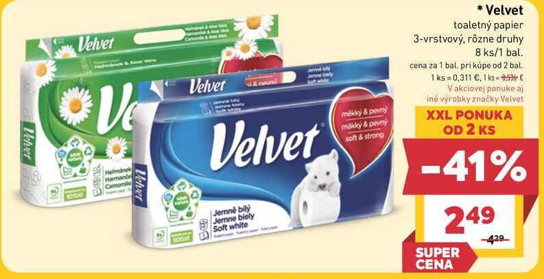 Velvet toaletný papier 3-vrstvový, rôzne druhy 8 ks/1 bal. 