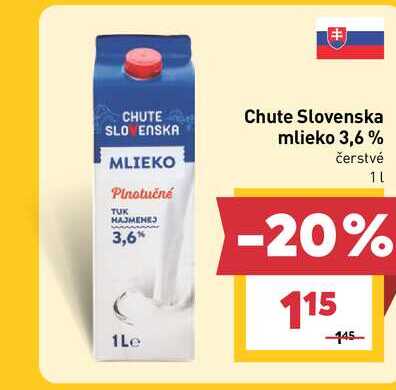 Chute Slovenska mlieko 3,6% čerstvé 1l v akcii