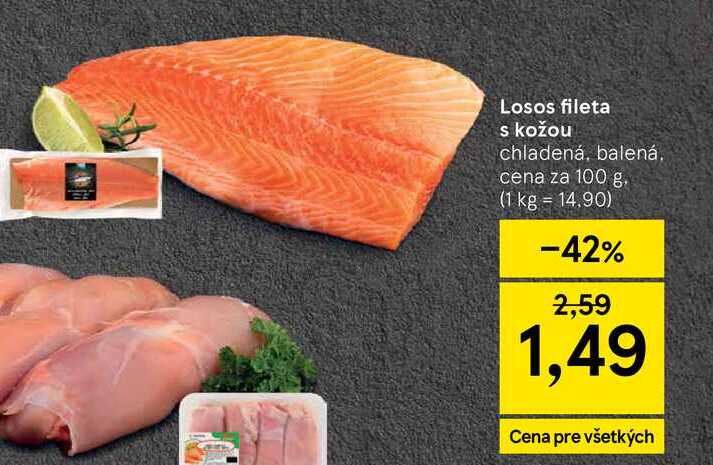 Losos fileta s kožou chladená, balená cena za 100 g