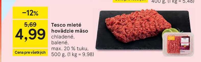 Tesco mleté hovädzie mäso chladené, balené max. 20 % tuku, 500 g