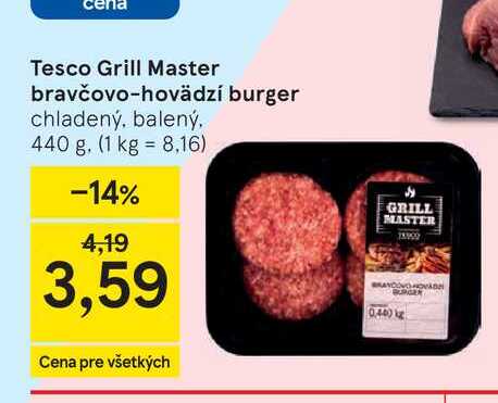 Tesco Grill Master bravčovo-hovädzí burger chladený, balený, 440 g