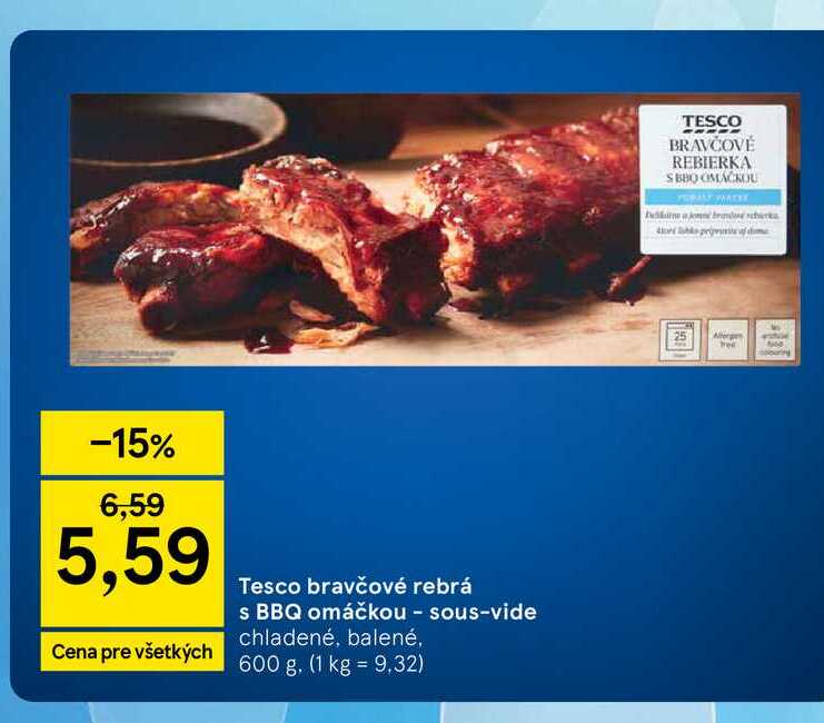 Tesco bravčové rebrá s BBQ omáčkou - sous-vide chladené, balené 600 g