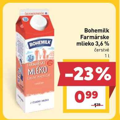 Bohemilk Farmárske mlieko 3,6% čerstvé 1L