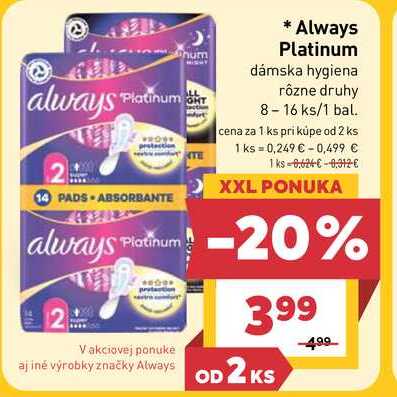 Always Platinum dámska hygiena rôzne druhy 8-16 ks/1 bal.