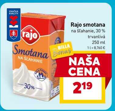 Rajo smotana na šľahanie, 30% trvanlivá 250 ml
