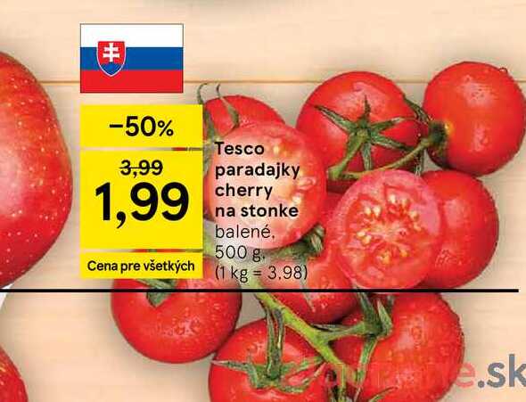 Tesco paradajky cherry na stonke balené 500 g