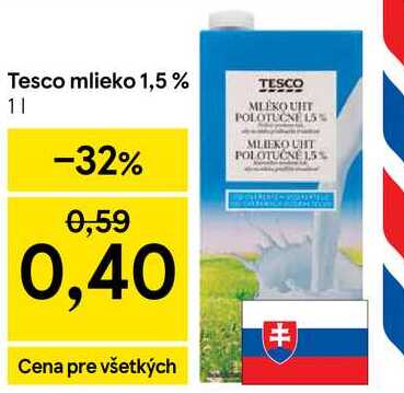 Tesco mlieko 1,5 % 1l