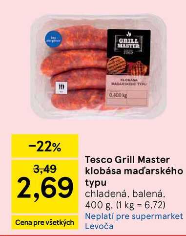 Tesco Grill Master klobása maďarského typu chladená, balená, 400 g