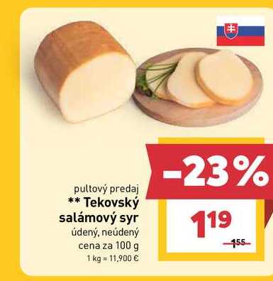Tekovský salámový syr údený, neúdený cena za 100 g