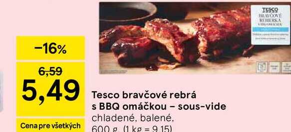 Tesco bravčové rebrá s BBQ omáčkou - sous-vide chladené, balené, 600 g