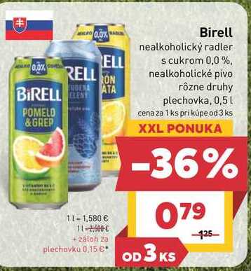 Birell nealkoholický radler s cukrom 0,0 %, nealkoholické pivo rôzne druhy plechovka, 0,5L