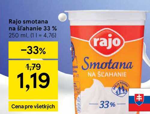 Rajo smotana na šľahanie 33% 250 ml