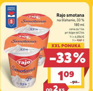 Rajo smotana na šľahanie, 33% 180 ml