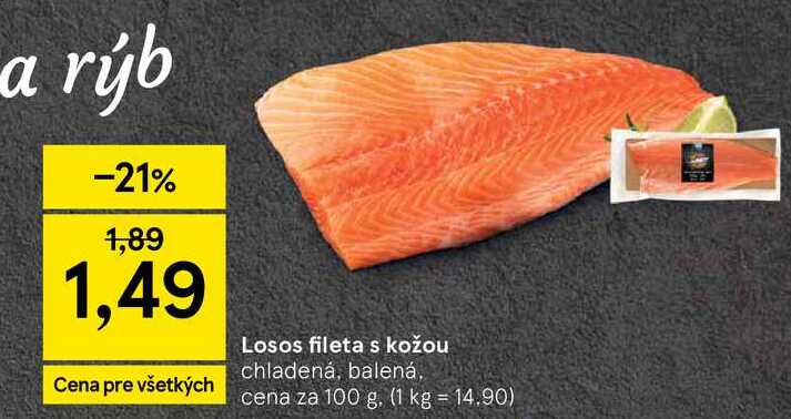 Losos fileta s kožou chladená, balená cena za 100 g
