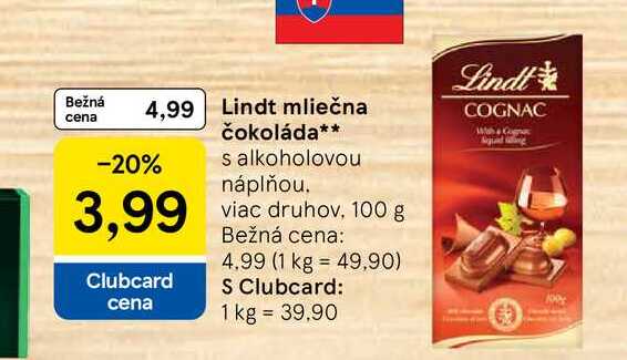Lindt mliečna čokoláda s alkoholovou náplňou 100 g