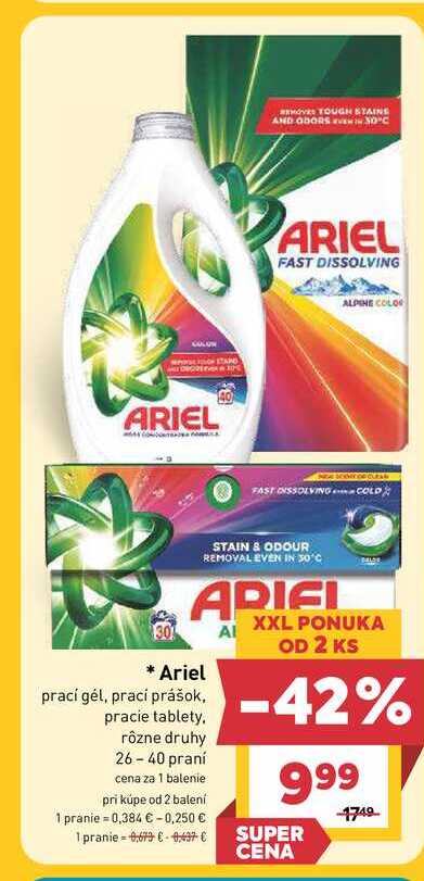 Ariel prací gél, prací prášok, pracie tablety, rôzne druhy 26-40 praní