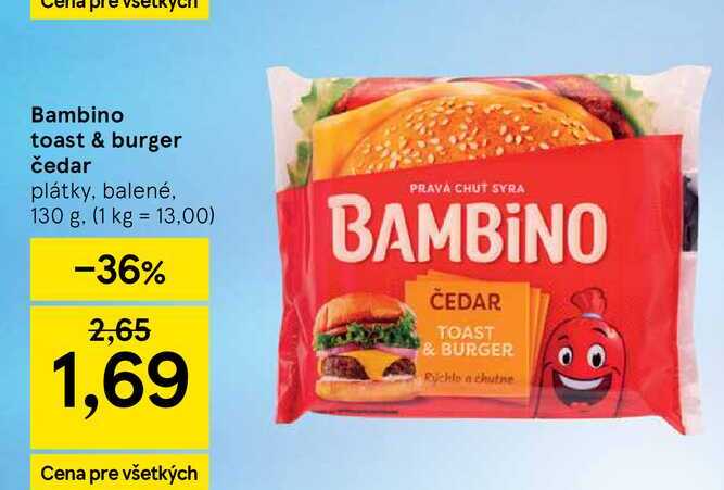 Bambino toast & burger čedar plátky, balené, 130 g