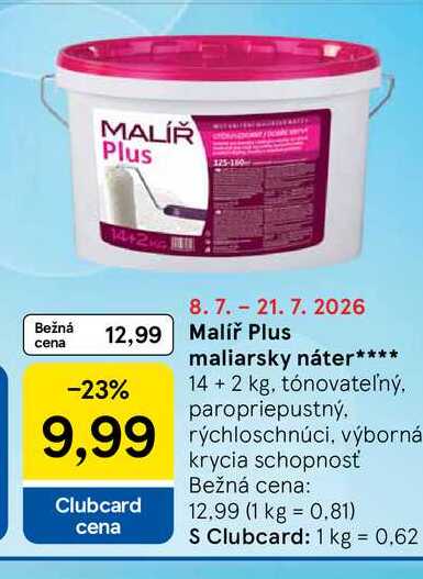 Malíř Plus maliarsky náter 14+2 kg, tónovateľný. paropriepustný. rýchloschnúci, výborná krycia schopnosť